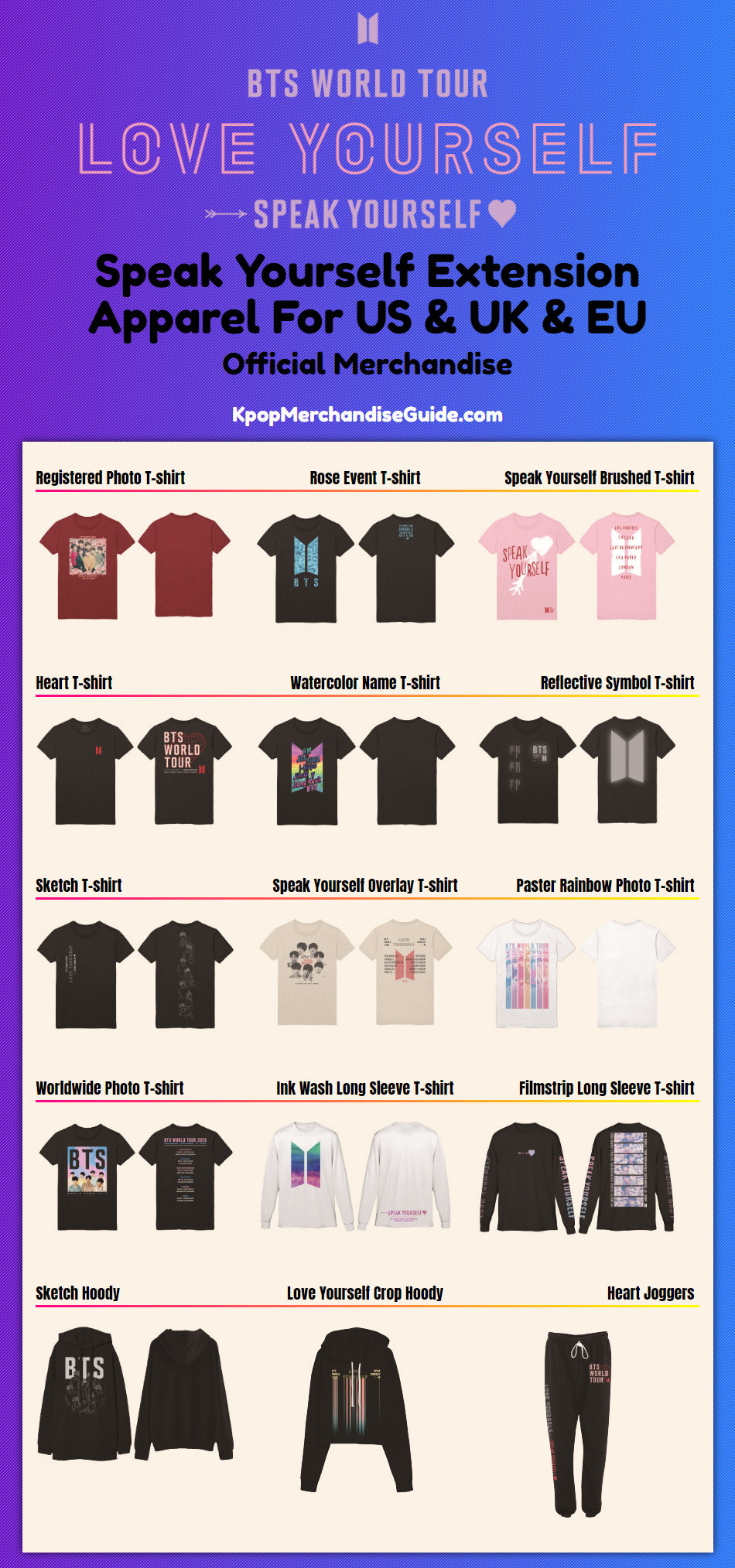 BTS World Tour: Love Yourself: Speak Yourself Merchandise - Apparel for US & UK & EU